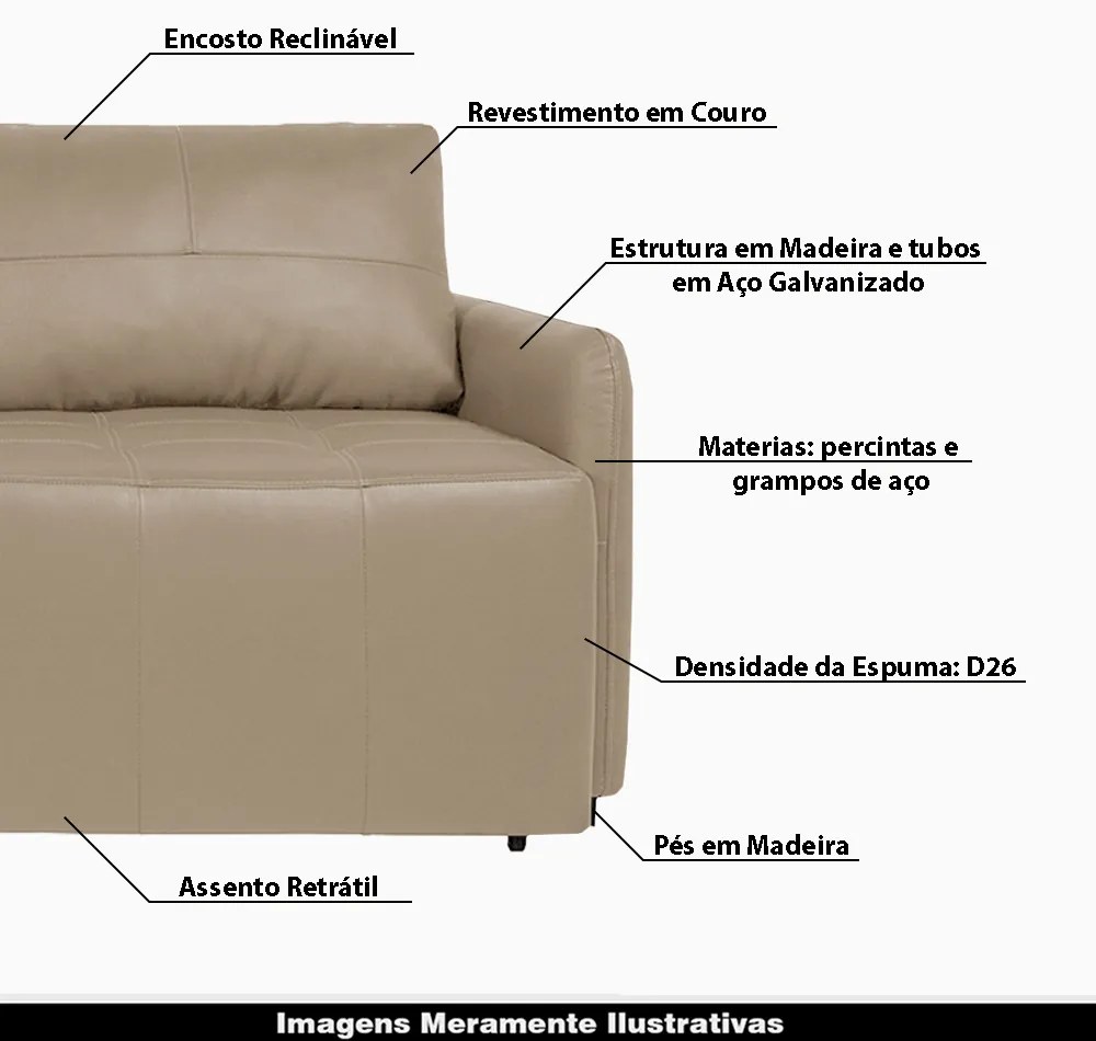 Sofá Decorativo 4 Lugares Sala de Estar 240cm Reclinável e Retrátil Kassandra Couro Bege G34 - Gran Belo