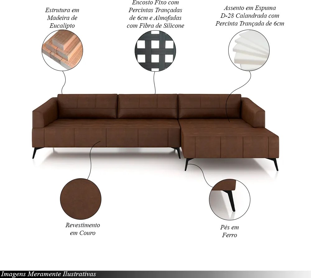 Sofá Bipartido Sala de Estar Kiara 332cm Chaise Direito Pés de Ferro Couro Caramelo Manchado G52 - Gran Belo