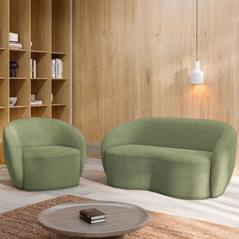 Conjunto 1 Sofá Living 160cm e 1 Poltrona Decorativa Sala de Estar Íbis Encosto Fixo Bouclê Verde G33 - Gran Belo