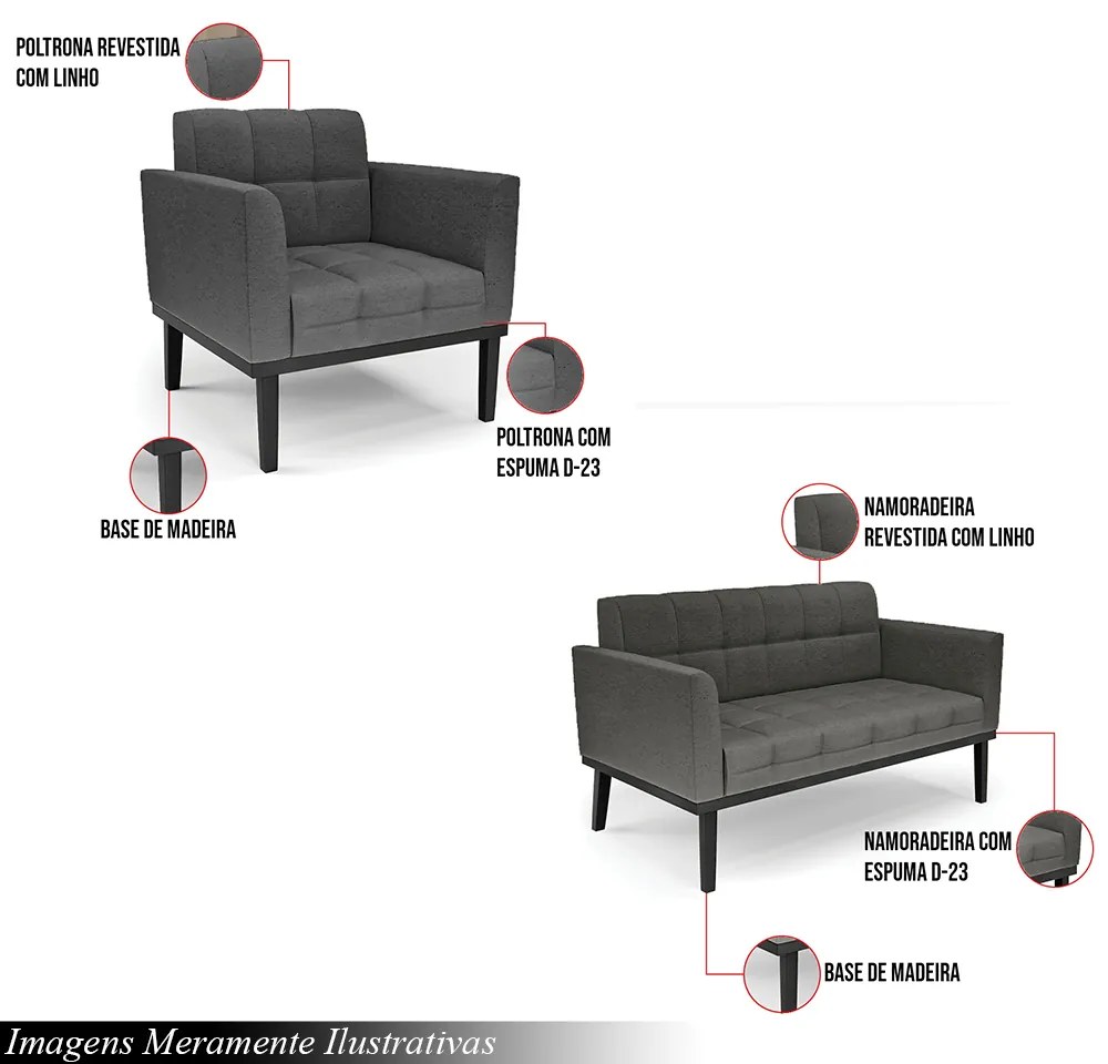Conjunto Poltrona e Namoradeira Decorativa Karen Pés Fixo em Madeira Preto Linho Cinza Mesclado G19 - Gran Belo