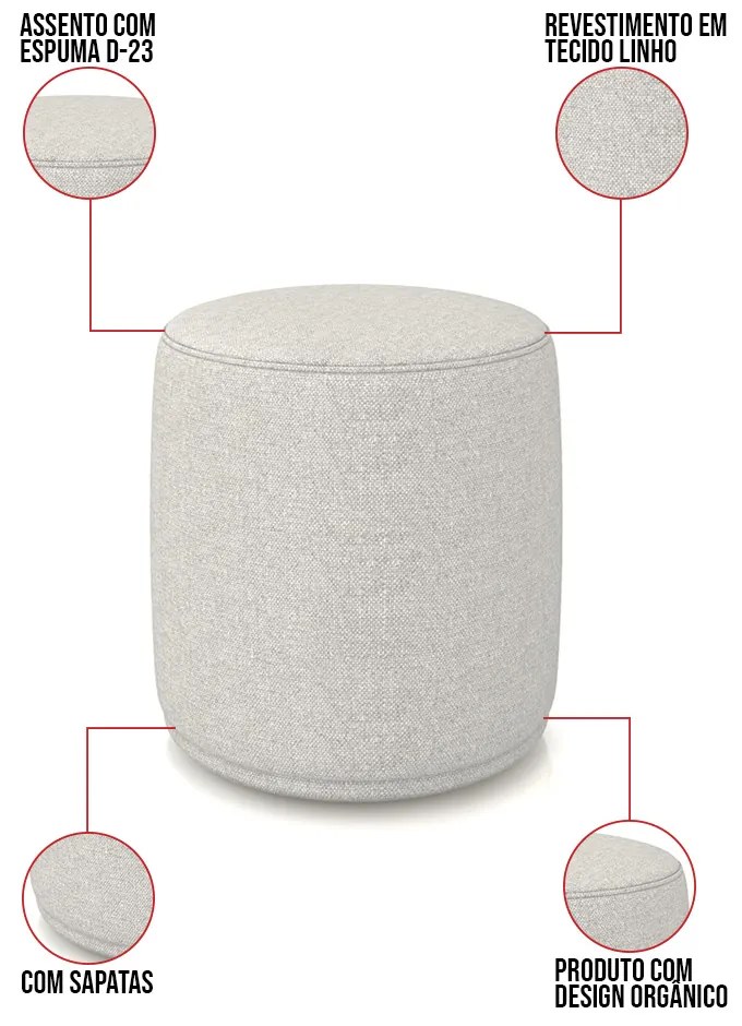 Puff Redondo Orgânico para Sala Malu Linho M11 - D'Rossi - Cinza