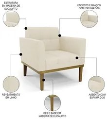Sofá Namoradeira e 2 Poltronas Base Madeira Castanho Ana Linho Bege -