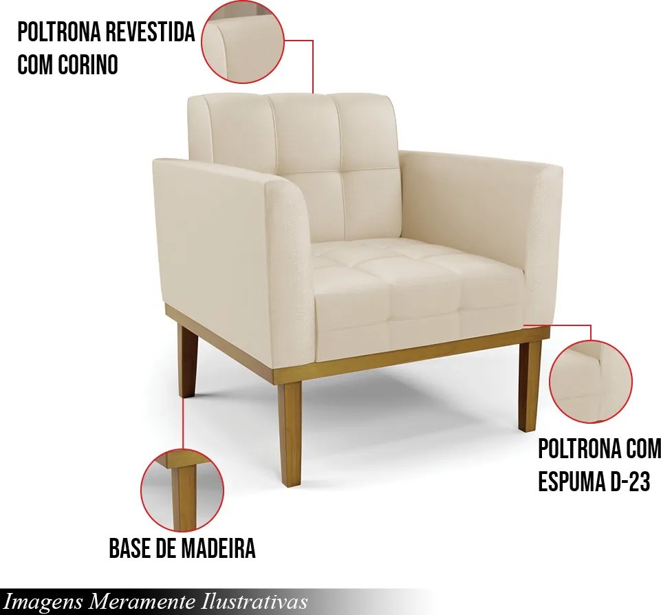 Kit 2 Poltronas Decorativas Karen Pés Fixo em Madeira Castanho PU Bege G19 - Gran Belo