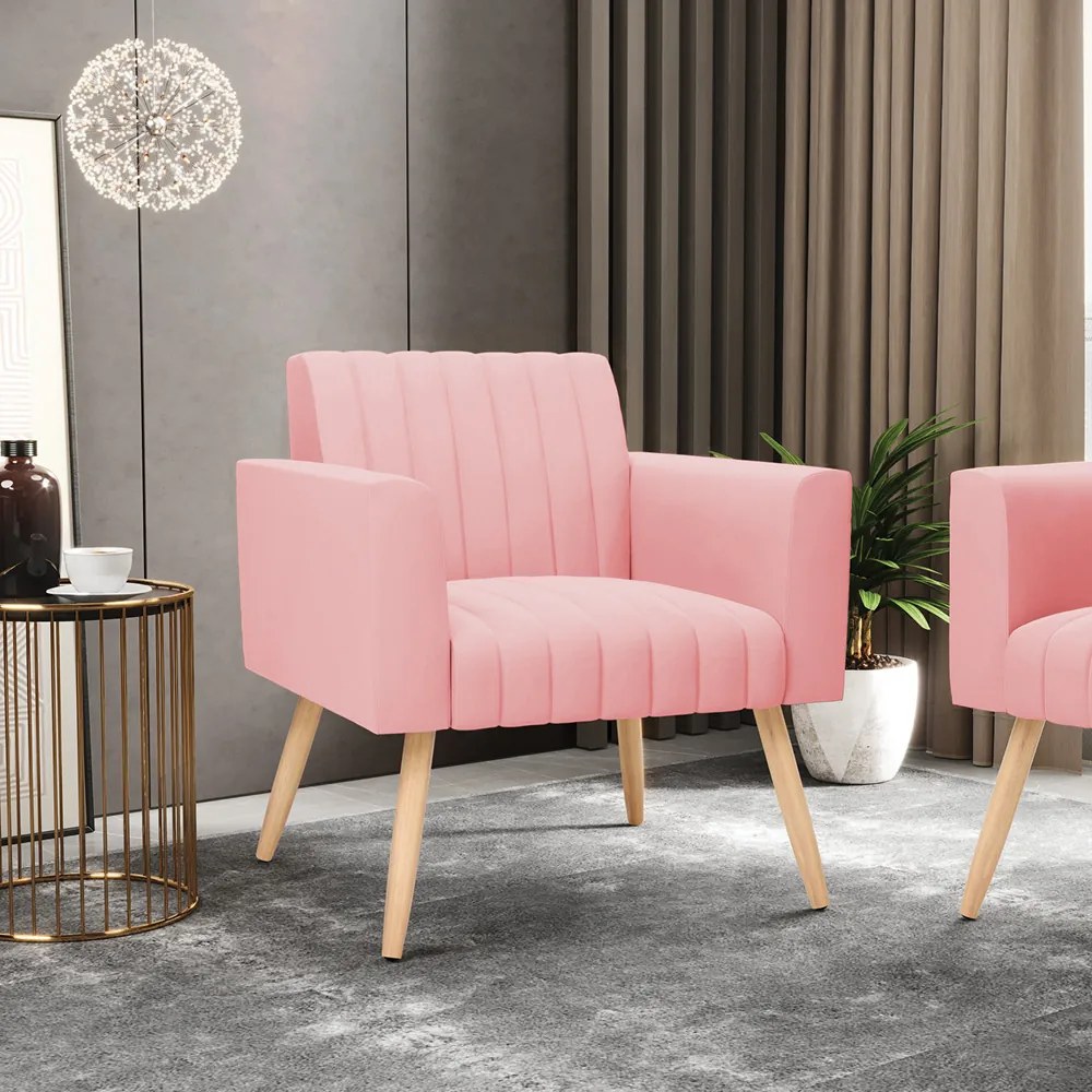 Poltrona Viena Gomada Suede Rosê Pés Palito Natural - D'Rossi