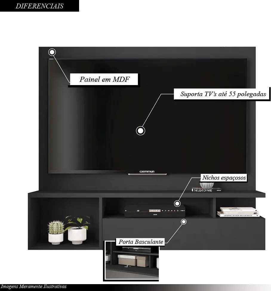 Painel Luci Nichos Decorativos 136cm para TV até 55 com Porta Basculante MDP Preto G11 - Gran Belo