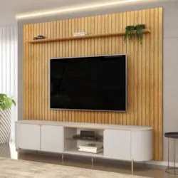 Painel TV 75 Pol Ripado 275cm e Bancada Ariane D04 Off/Cedro - Mpozena