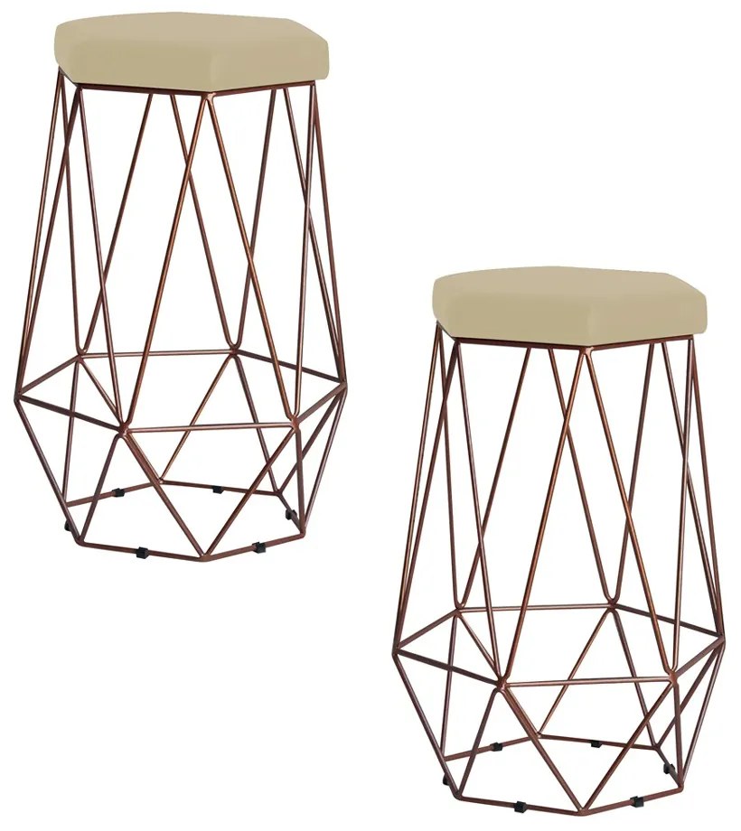 Kit 2 Banqueta Decorativa Rubel Base Bronze Veludo Bege G41 - Gran Belo