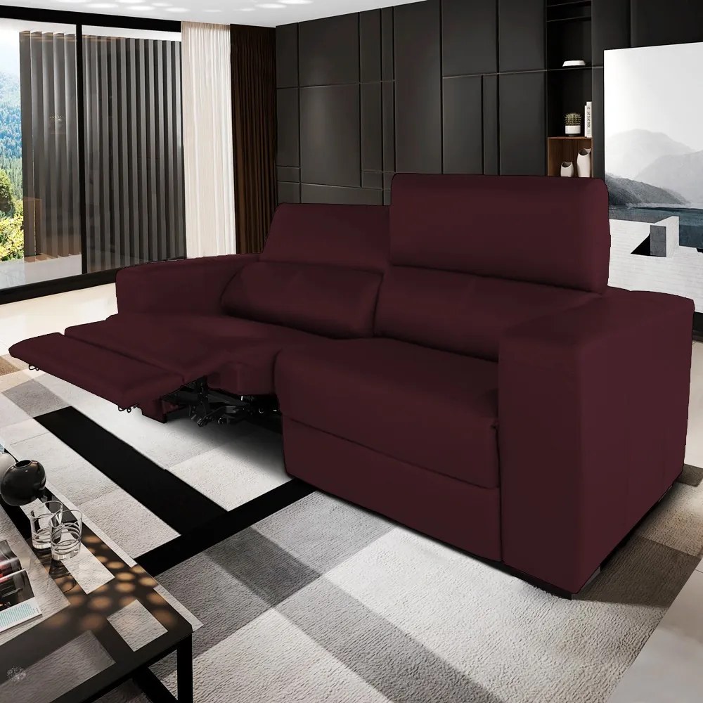 Sofá Reclinável Automático 190 cm Sala de Estar Rene Modern Couro Bordô G72 - Gran Belo