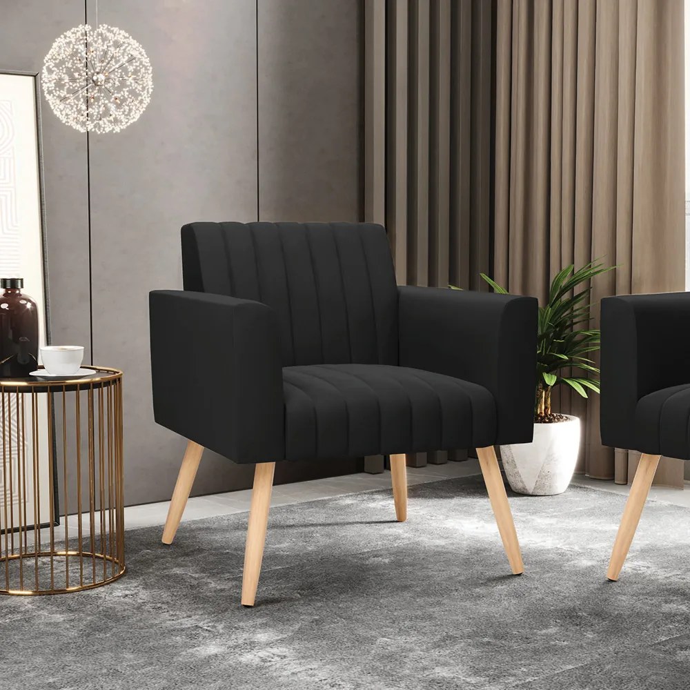 Poltrona Viena Gomada Suede Preto Pés Palito Natural - D'Rossi