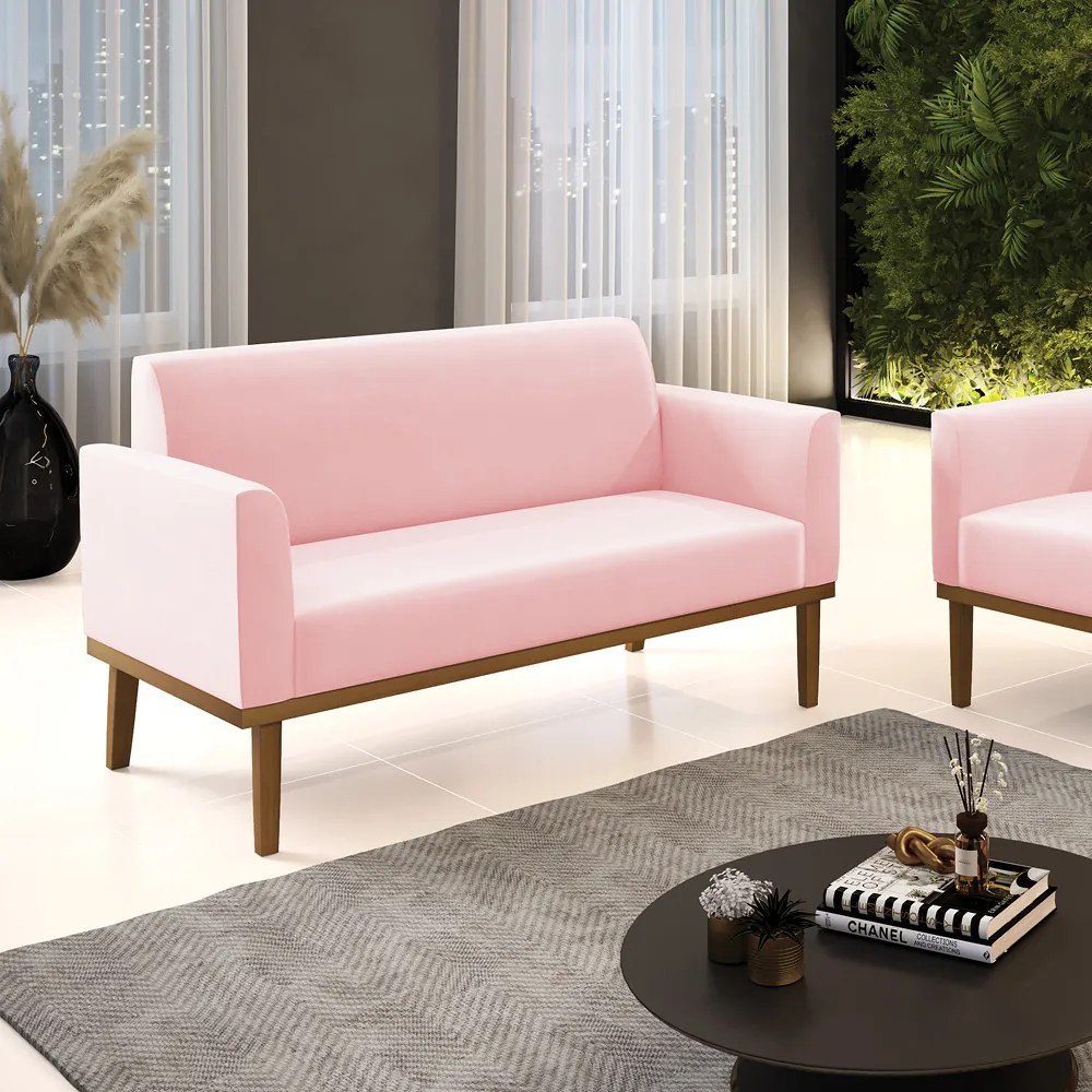 Sofá 2 Lugares Namoradeira Marisa Base Madeira Castanho Suede D03 - D'Rossi - Rosa Bebê