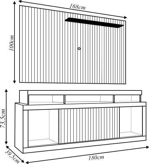 Conjunto Painel e Rack Bancada Toquio 180cm MDP Portas de Correr Ripado Buriti/Fendi G11-Gran Belo