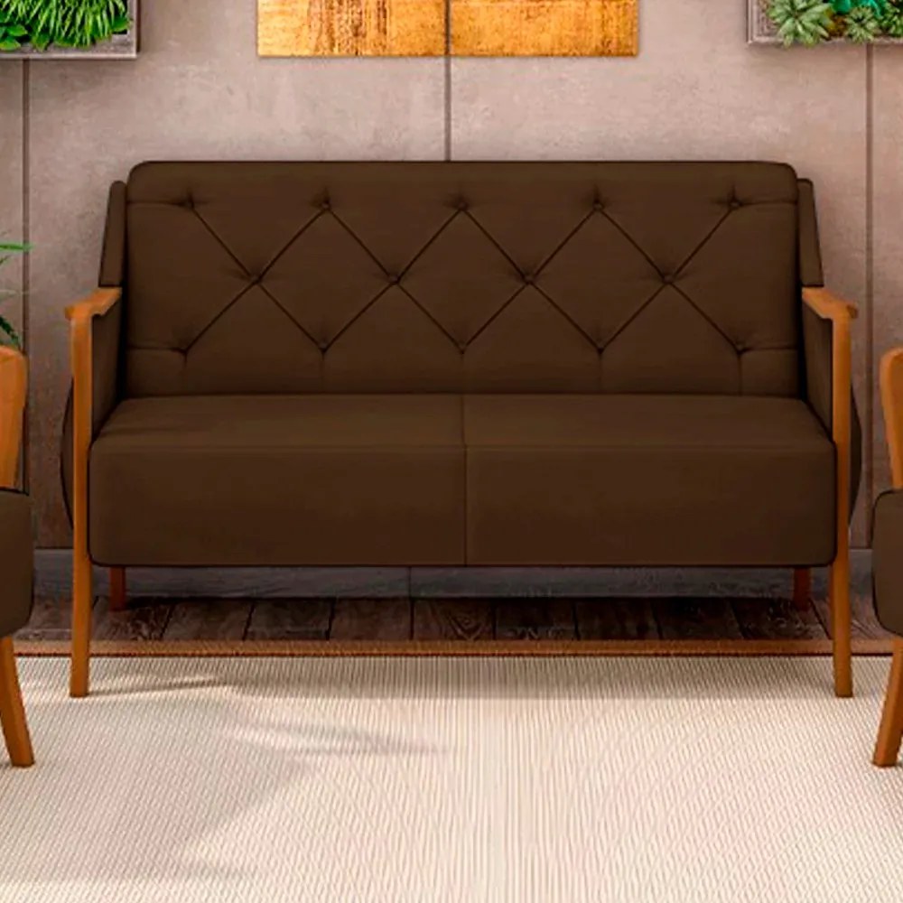 Poltrona Namoradeira Decorativa 2 Lugares Braços em Madeira Hand Veludo Marrom G45 - Gran Belo