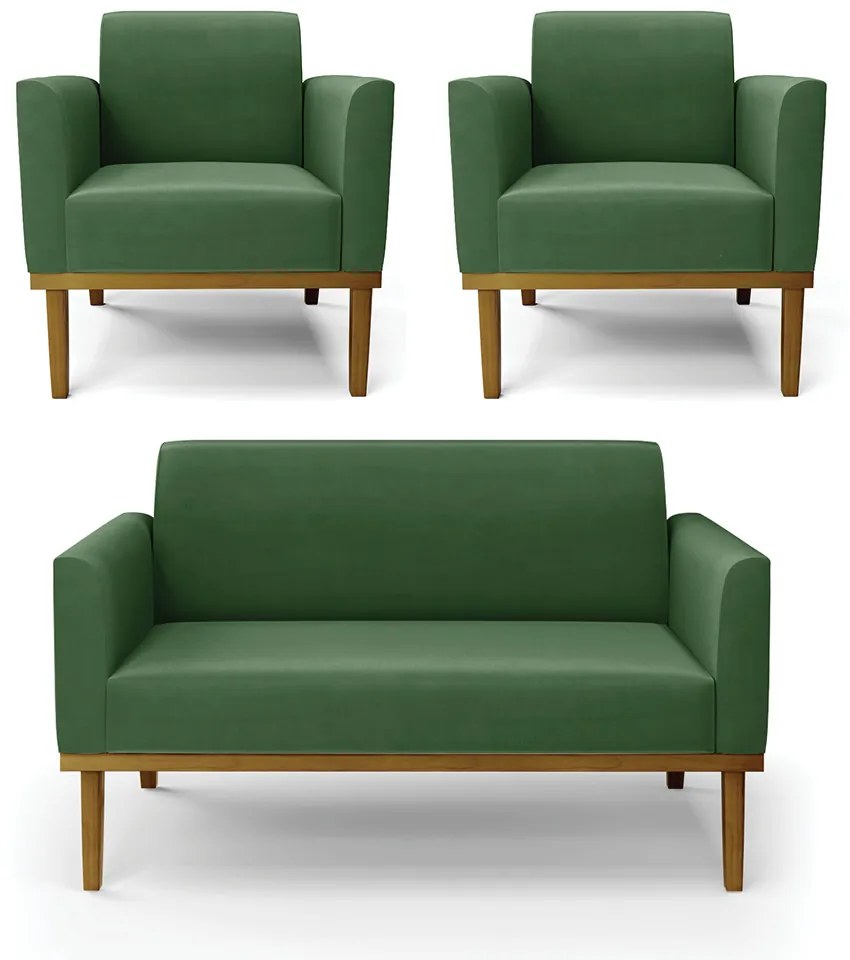 Conjunto 2 Poltronas e 1 Namoradeira Decorativa Isabella Pés Fixo em Madeira Castanho Suede Verde G19 - Gran Belo