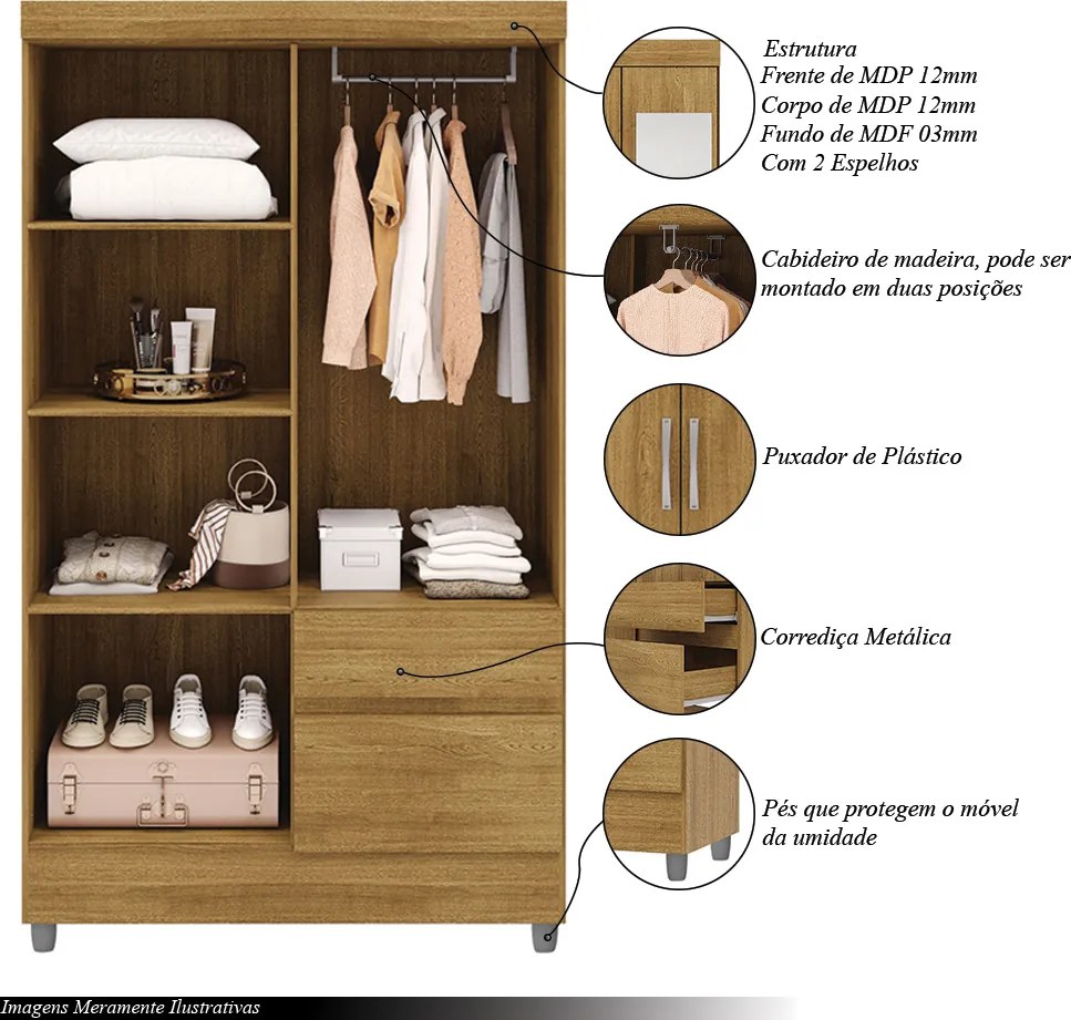 Guarda Roupa Solteiro Abruzzo 4 Portas de Bater 2 com Espelhos 2 Gavetas Nature G98 - Gran Belo