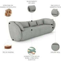 Sofá 3 Lugares 272cm Orgânico Pé Madeira Yume Linho Cinza Z55 - Mpozen
