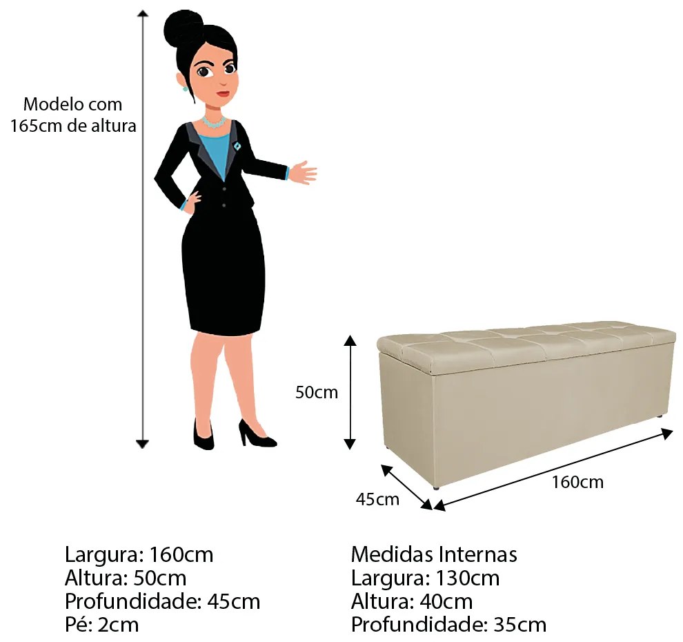 Calçadeira Estofada Manchester 160 cm Queen Size Corano Bege - ADJ Decor