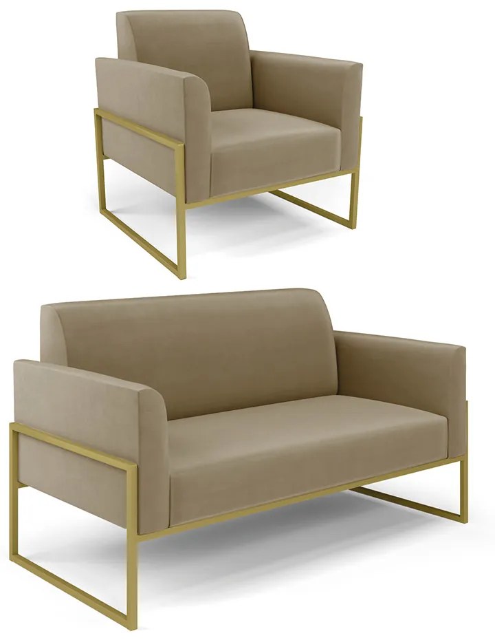 Sofá Namoradeira com Poltrona Base Industrial Alta Dourado Marisa Suede D03 - D'Rossi - Marrom Rato