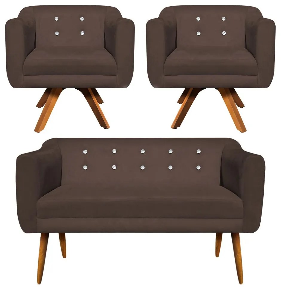 Kit 01 Namoradeira e 02 Poltronas Giratória Julia Suede com Strass Base Madeira MM30 D01 - D'Rossi - Marrom