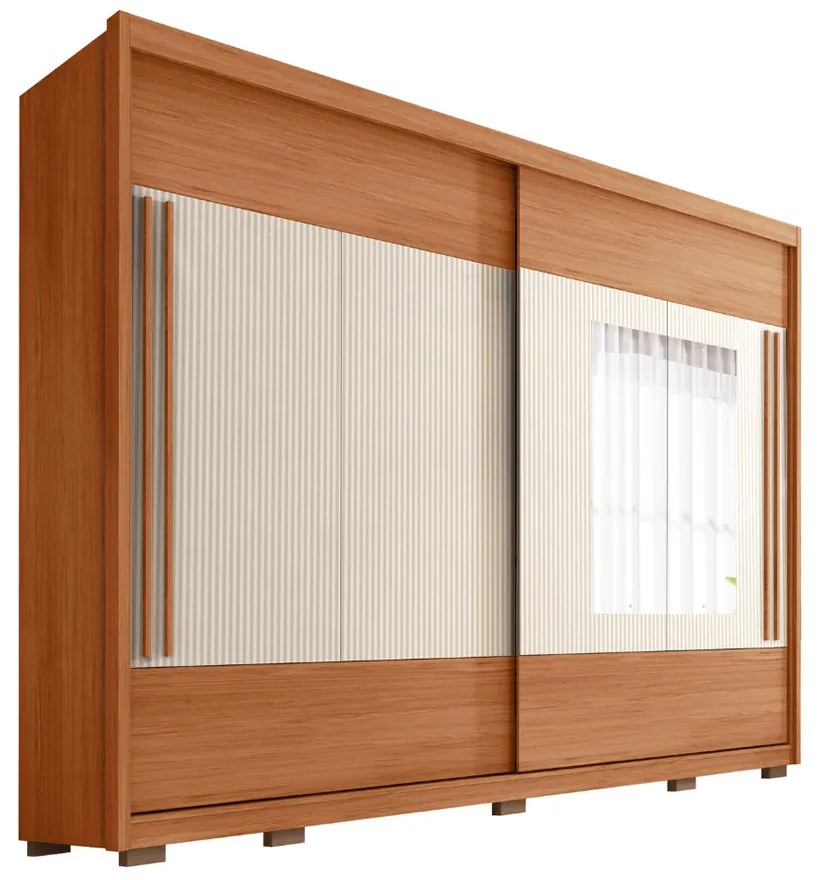 Guarda Roupa Casal Polônia Ripado 2 Portas de Correr com Espelho 6 Gavetas Ripado MDF Freijo/OffWhite/Sued G11 - Gran Belo