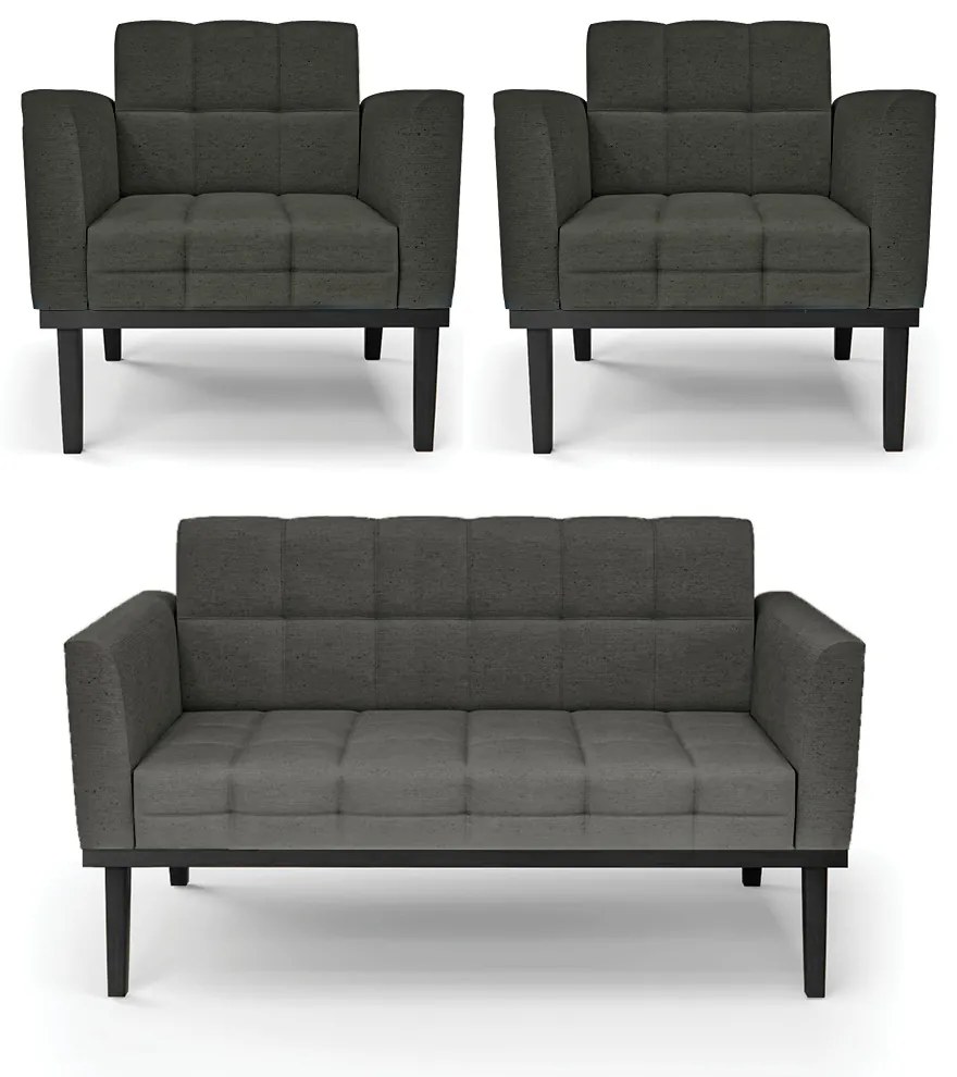 Conjunto 2 Poltronas e 1 Namoradeira Decorativa Karen Pés Fixo em Madeira Preto Linho Cinza Mesclado G19 - Gran Belo