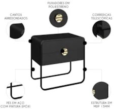 Mesa de Cabeceira Quarto 60cm 2 Gavetas Mario Nero/Preto A10 - Mpozena