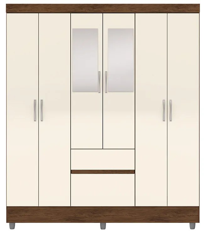 Guarda Roupa Casal Abruzzo 6 Portas de Bater 2 com Espelhos 2 Gavetas Nogueira/OffWhite G98 - Gran Belo