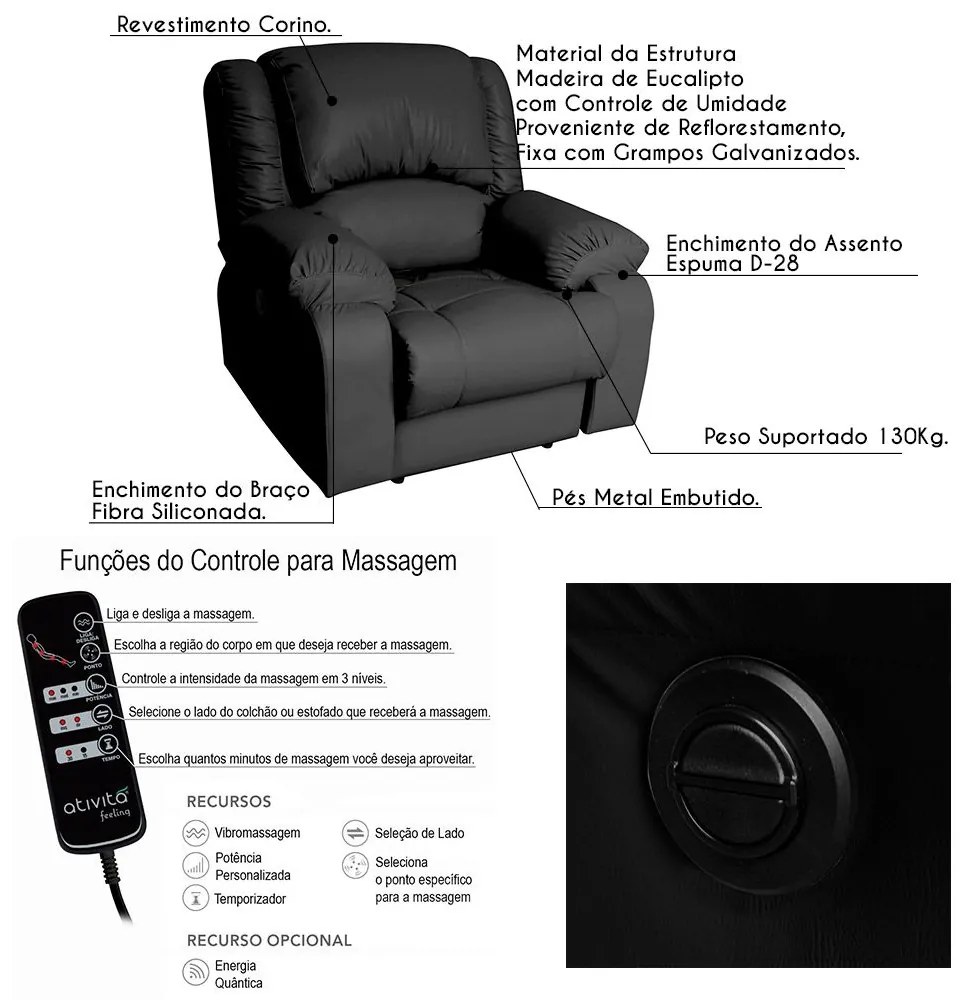 Poltrona do Papai Reclinável Elétrica com Massagem Magnum PU Sintético Preto G23 - Gran Belo