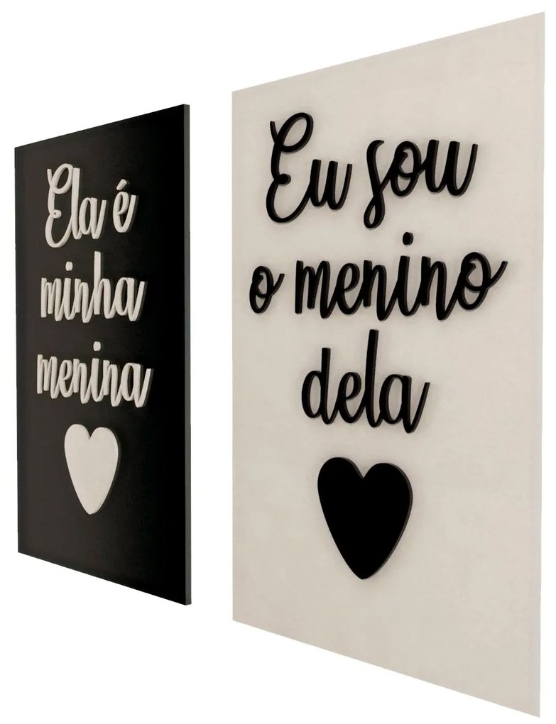 Kit de Quadros 3D Ela é minha menina Eu sou o menino dela 30x20 cm - Preto E Branco