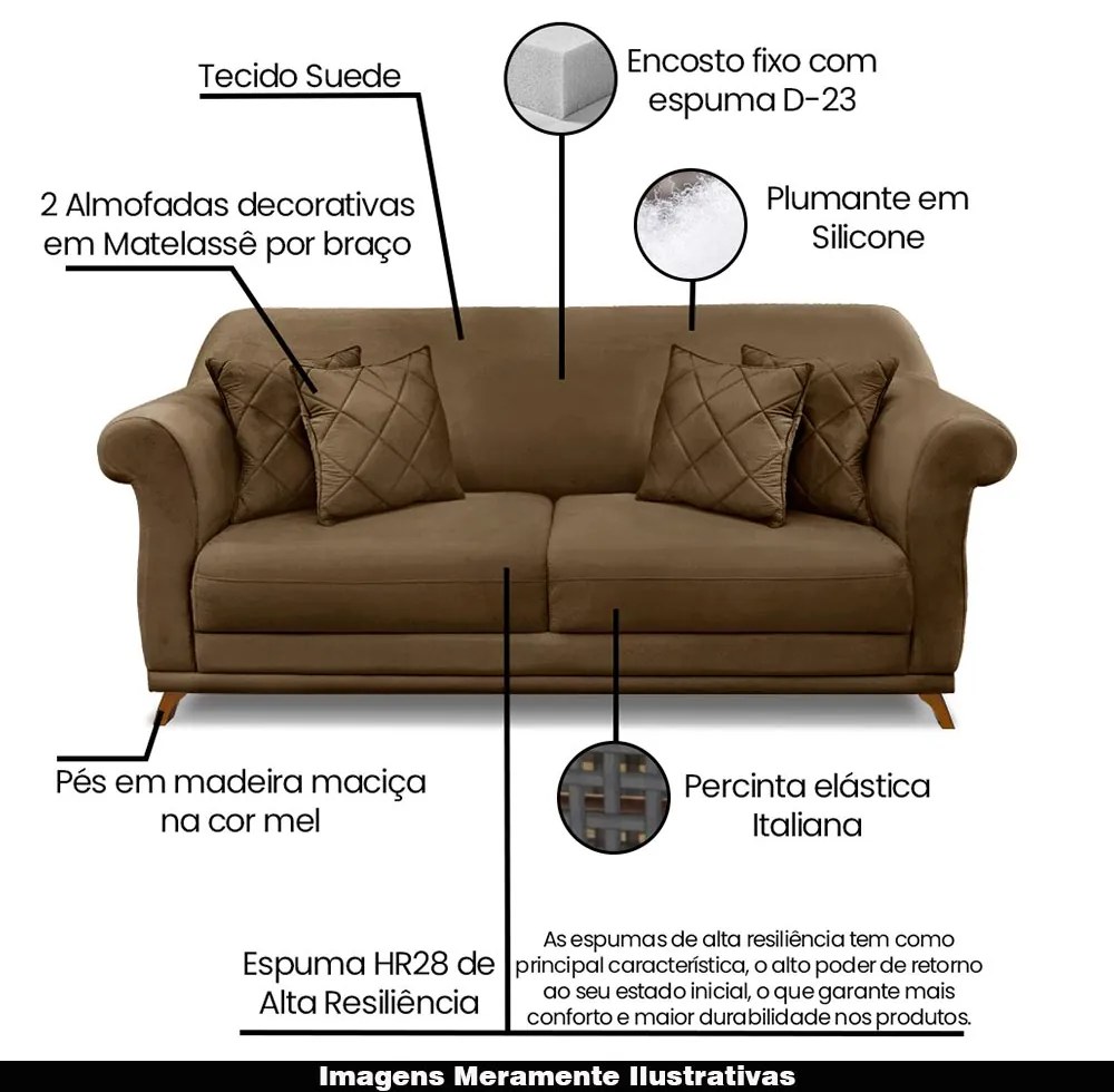 Sofá Decorativo 200cm 3 Lugares com 4 Almofadas Armstrong Suede Caramelo G63 - Gran Belo