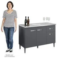 Balcão Gabinete Com Pia Inox 120cm 3 Portas e 1 Gaveta Gabriela Cinza