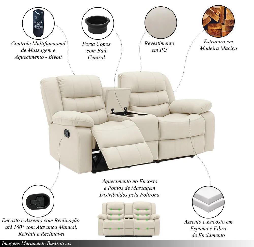 Poltrona Reclinável Sala de Cinema 2 Lugares Massagem Aquecimento Hollywood Manual Porta Copos Baú Central PU Bege G94 - Gran Belo