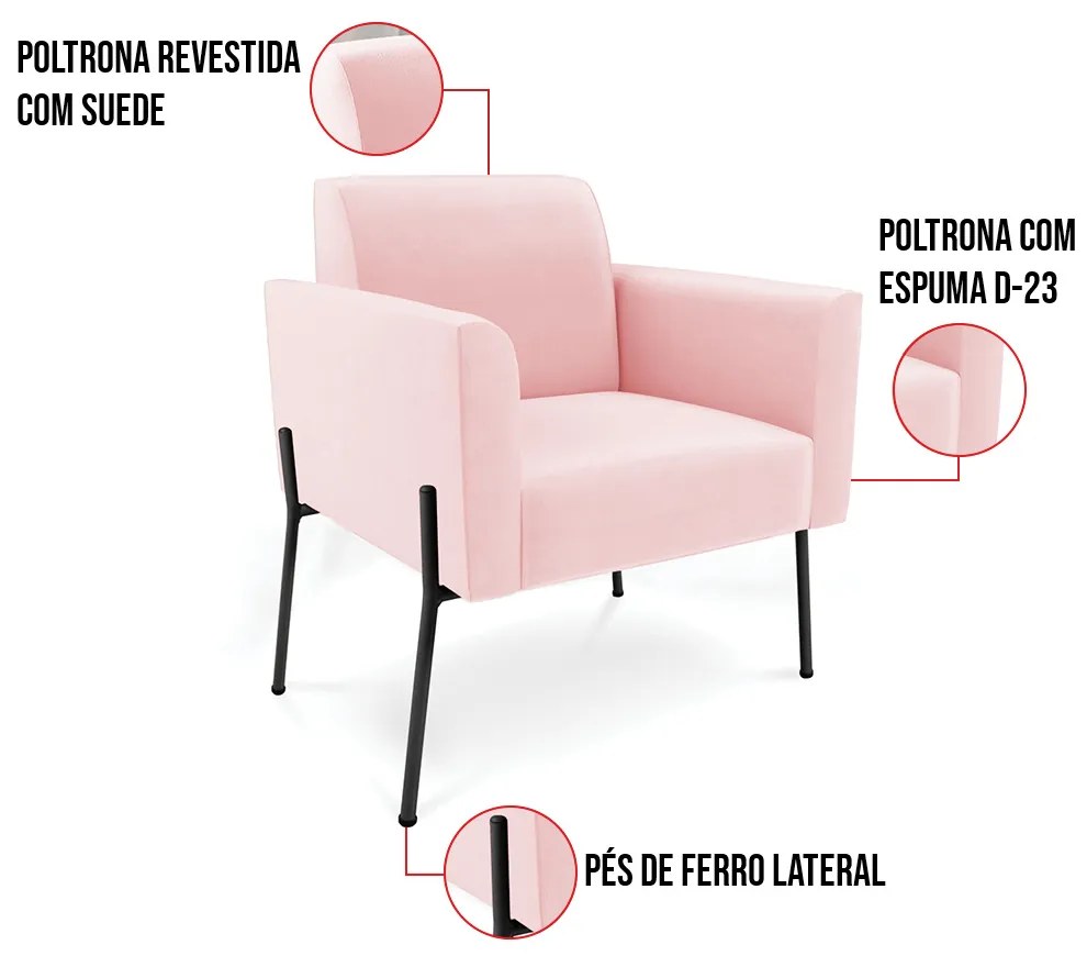 Poltrona Pé de Ferro Preto para Sala Marisa Suede D03 - D'Rossi - Rosa Bebê