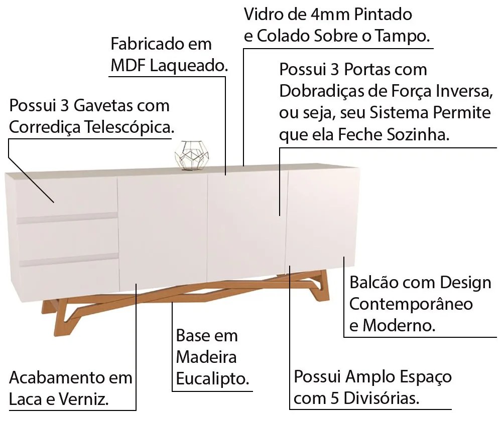 Buffet Balcão Sala de Jantar 200cm Tampo de Vidro Aaron Off White/Champagne G60 - Gran Belo