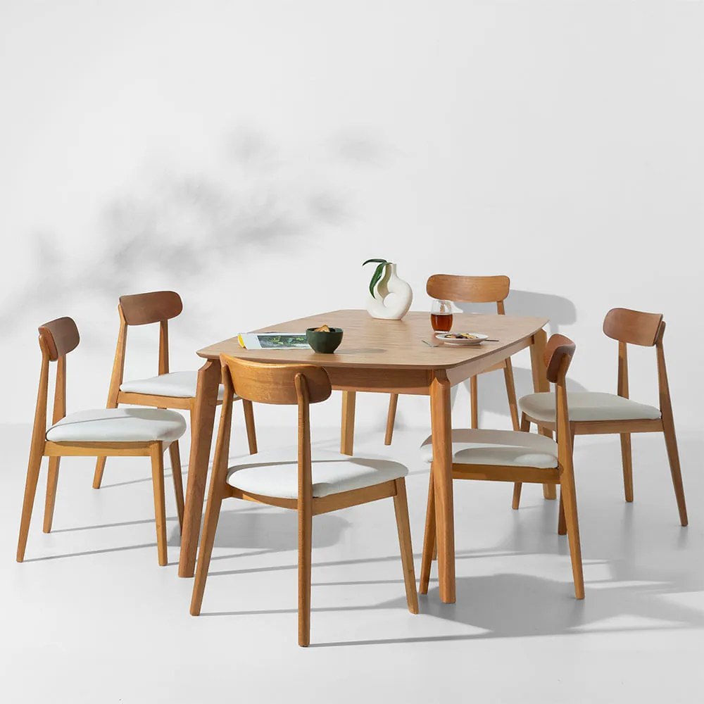 Conjunto Mesa de Jantar Lalá Retangular Carvalho Americano - 1,80mx1m + 6 Cadeiras Nord Madeira Texture - Off White