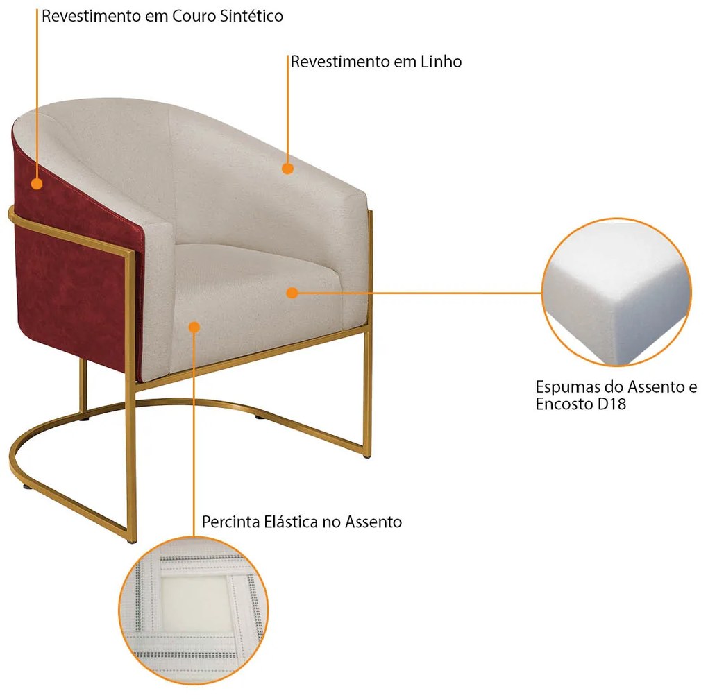 Poltrona Luiza Base de Ferro Dourado Factor Vermelho e Linho - ADJ Decor