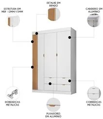 Guarda Roupa Infantil Detalhe Ripada 3 Portas Ayla Branco - Phoenix