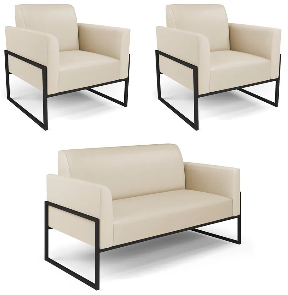 Sofá Namoradeira com 2 Poltronas Base Industrial Alta Preto Marisa Corino D03 - DRossi - Bege