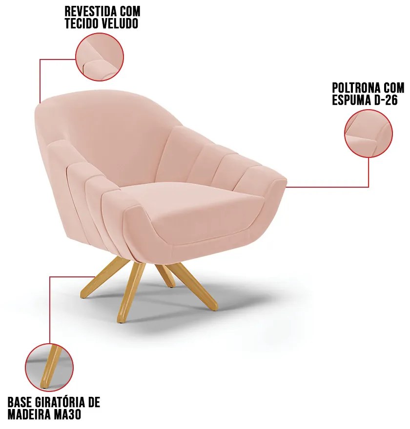 Kit 02 Poltronas Giratória Giovana Veludo Base Madeira MA30 D03 - D'Rossi - Rose