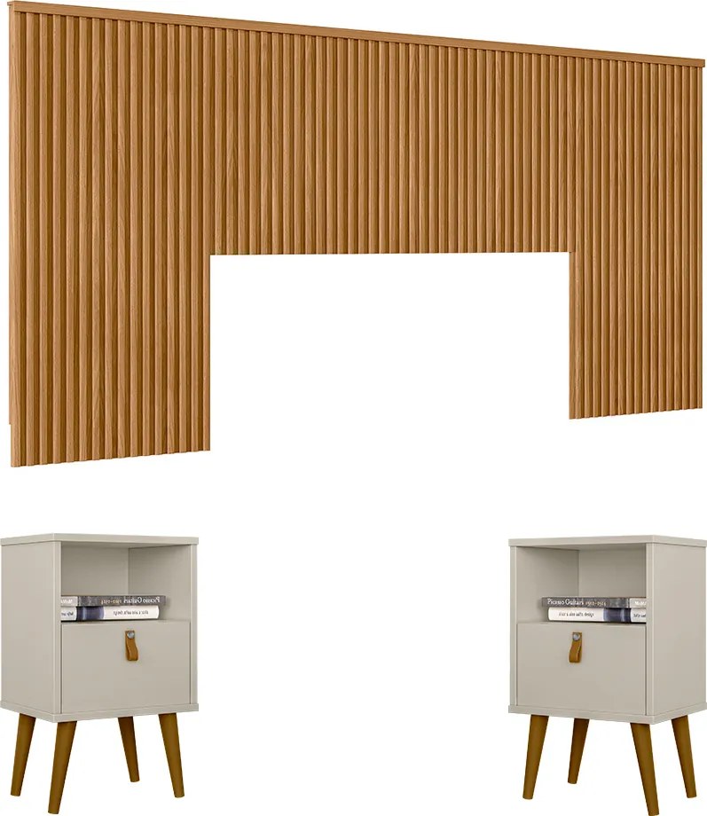 Conjunto Cabeceira Noronha 240cm e 2 Mesas de Cabeceira Ilhéus Nature/Off White G77 - Gran Belo