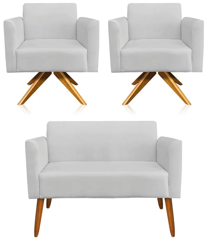 Kit 01 Namoradeira 02 Lugares e 02 Poltronas Marisa Suede Cinza Base Giratória Madeira MA30 D'Rossi