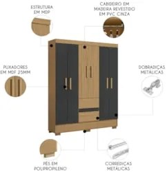 Guarda Roupa Casal 150cm 6 Portas Raely Atacama/Grafite A15 - Mpozenat