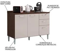 Balcão de Cozinha com Tampo 120cm 3 Portas 2 Gavetas Livy P11 Chocolat