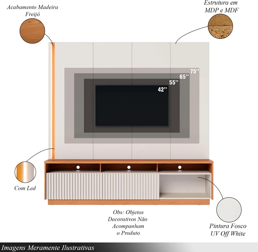 Home Estante Orlo 200cm TV até 75 Fitas LED Portas Deslizantes MDP/MDF Off White/Freijó G73 - Gran Belo