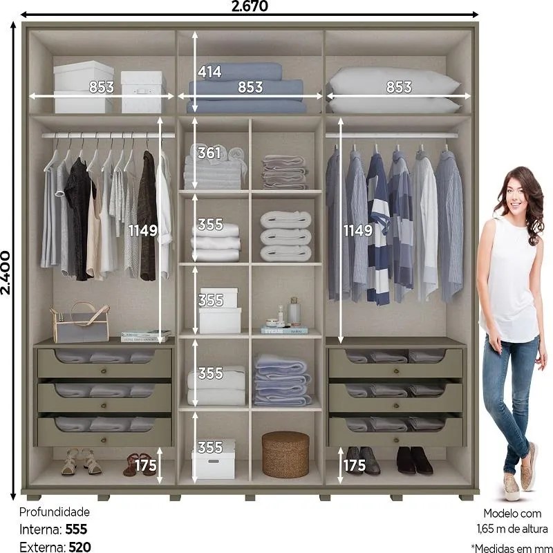Roupeiro Guarda Roupa Casal 6 portas 6 Gavetas Castanho Henn