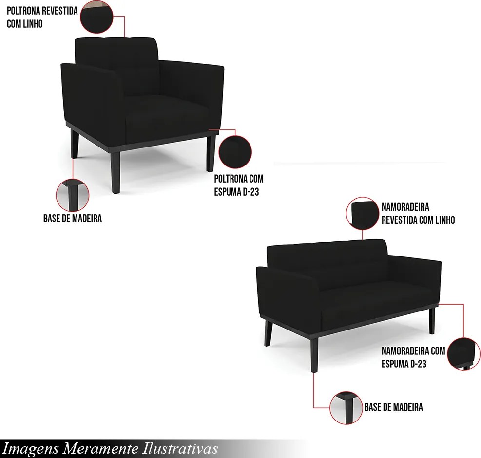 Kit 2 Poltronas Decorativas Karen Pés Fixo em Madeira Preto Linho Preto G19 - Gran Belo