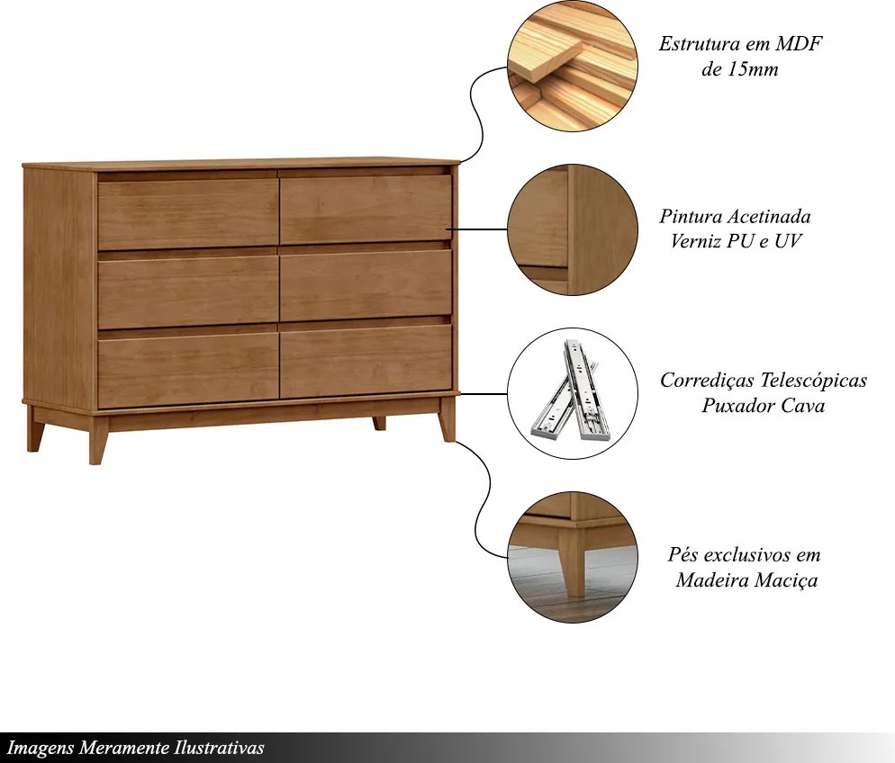 Cômoda Decorativa MDF 6 Gavetas Cullen Freijó - G74 - Gran Belo