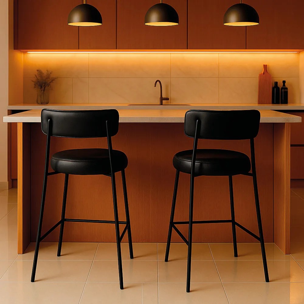 Banqueta de Cozinha Baixa com encosto Industrial em aço kit 2 Londres PU D03 - D'Rossi - Preto