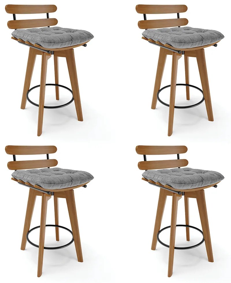 Kit 04 Banquetas Giratória Costela Linho Base Madeira MA70 J01 - D'Rossi - A32 Palha