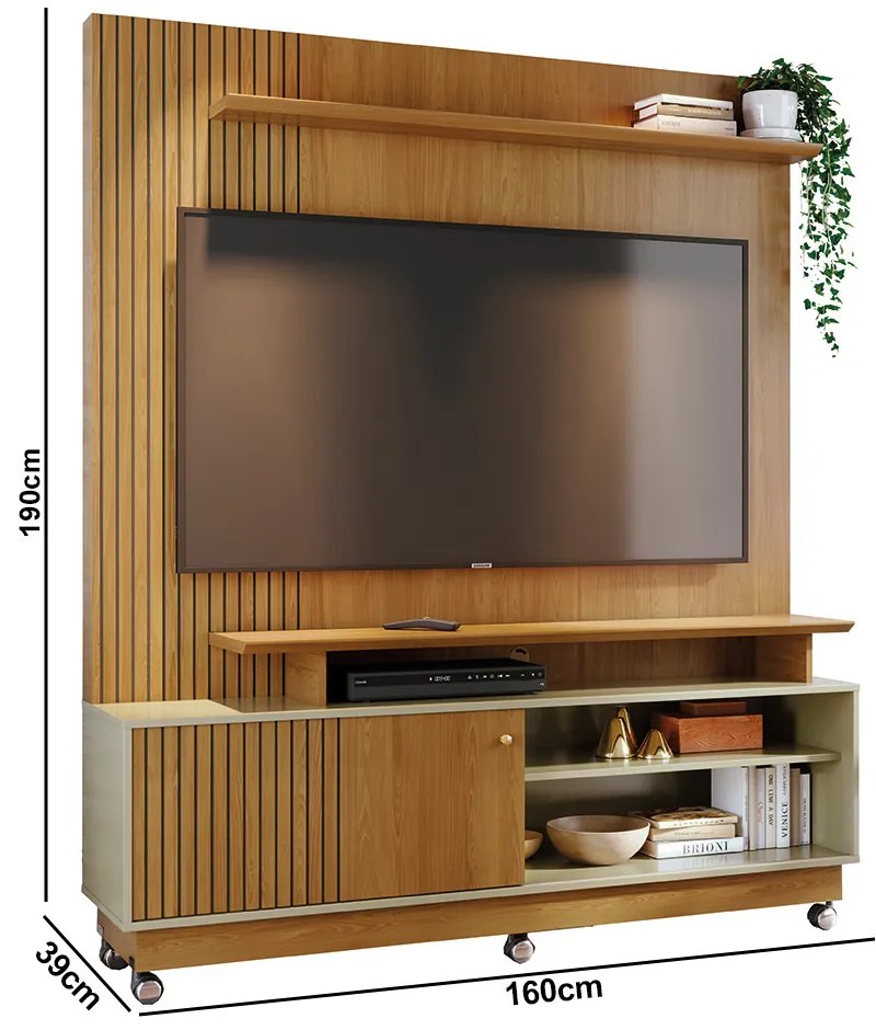 Estante de TV 65 Pol 160cm com Rodízio para Sala Quirel M20 - D'Rossi - Cumaru e Opala