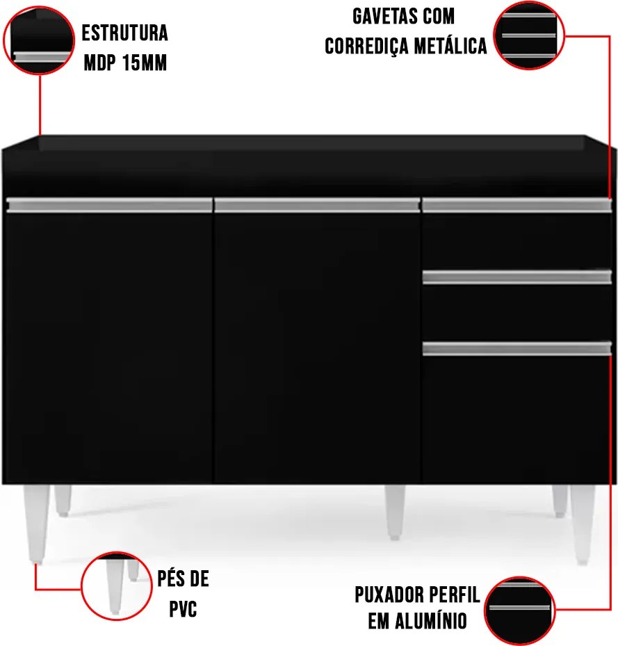 Balcão de Cozinha Lavanderia sem Tampo 02 Gavetas Beth 120 cm L06 - D'Rossi - Preto